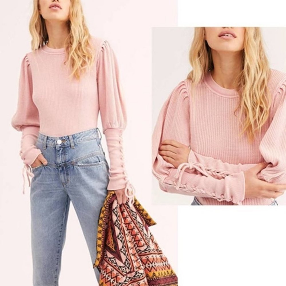 Free People Puff Sleeve Women's Tasha Thermal Top Pastel Pink Size: Small NWOT - Picture 7 of 7